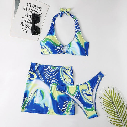 Graphic Print Padded Halter Three-Piece Beachwear Pic 4