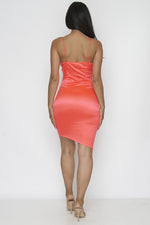 NEON CORAL SPAGUETTI STRAP SATIN MINI DRESS Pic 3