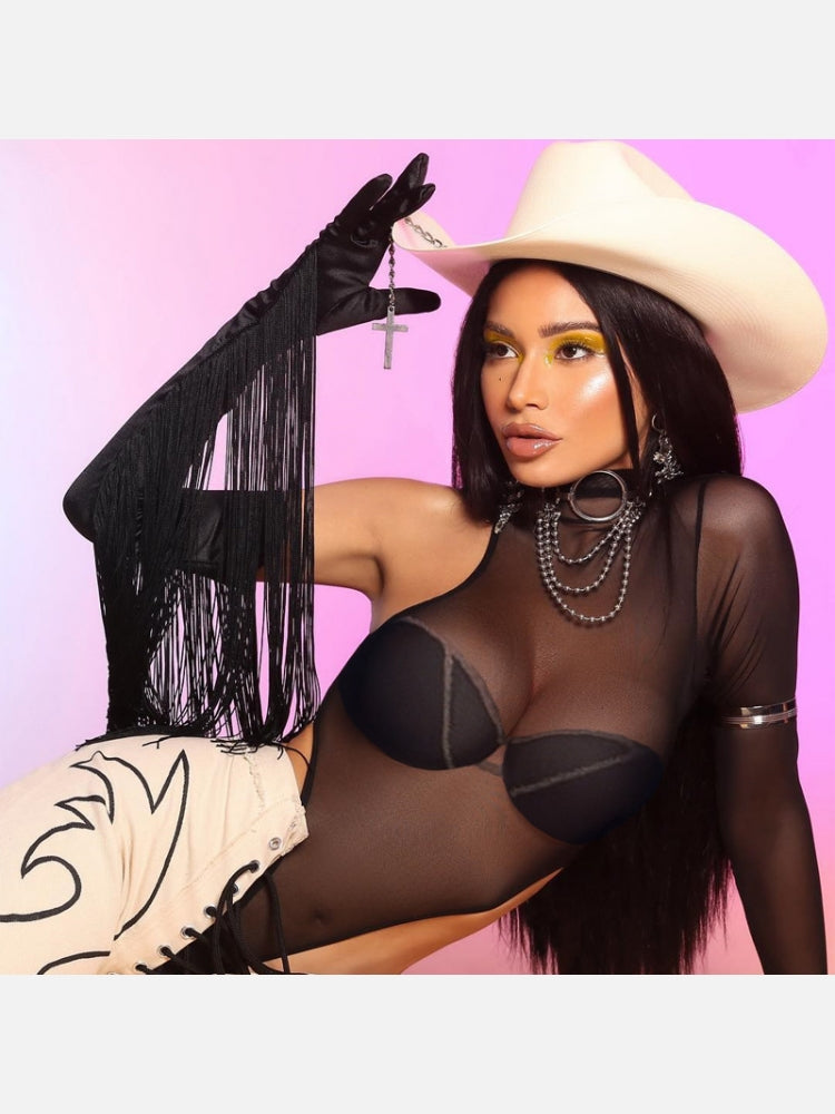 Sheer One Shoulder Turtle Neck Bodysuit