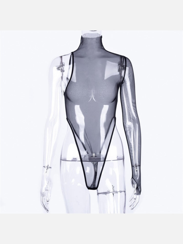 Sheer One Shoulder Turtle Neck Bodysuit