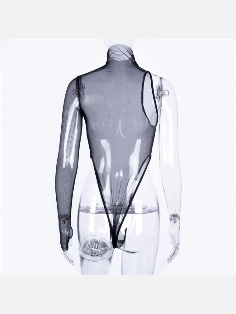 Sheer One Shoulder Turtle Neck Bodysuit