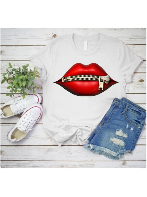 Short Sleeve Zipped Lips Graphic Tee