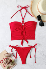 Two-Piece Padded Cut-Outs Halter Lace-up Thong Bikini (5)