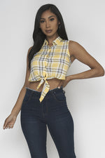 YELLOW SLEEVELESS PLAID CROP TOP Pic 1