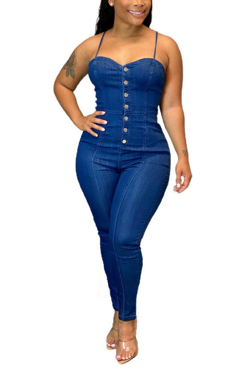 adjustable Spaghetti straps single-breasted denim jumpsuit