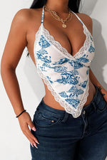 Lace Trim Graphic Print Halter Top