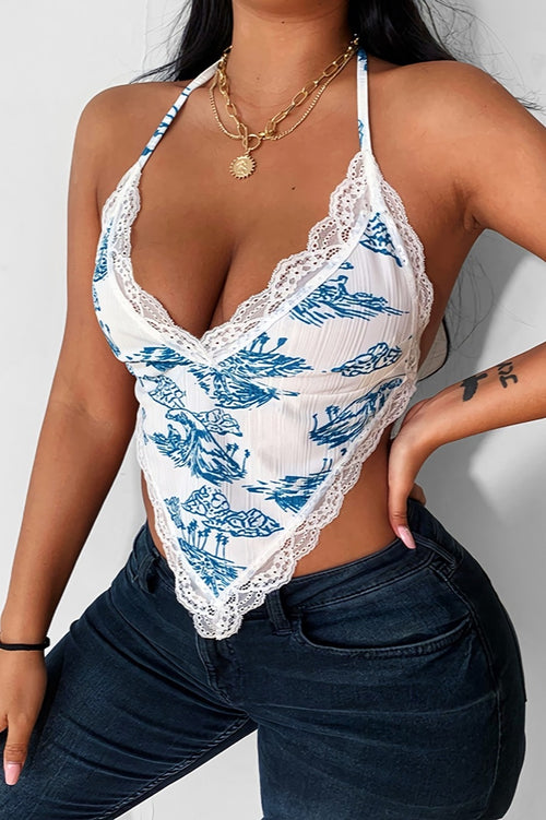 Lace Trim Graphic Print Halter Top